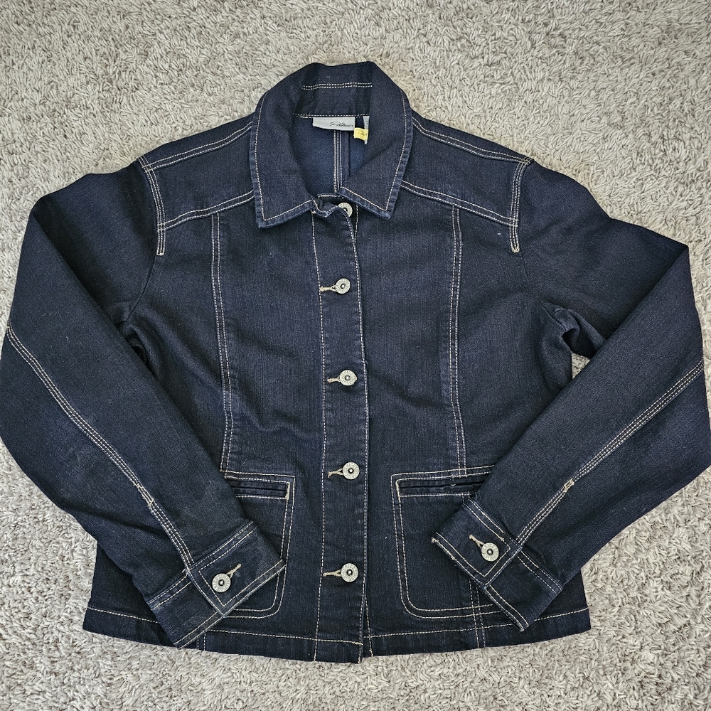 Chicos Platinum Jean Jacket Size 1 Dark Wash Denim Blue